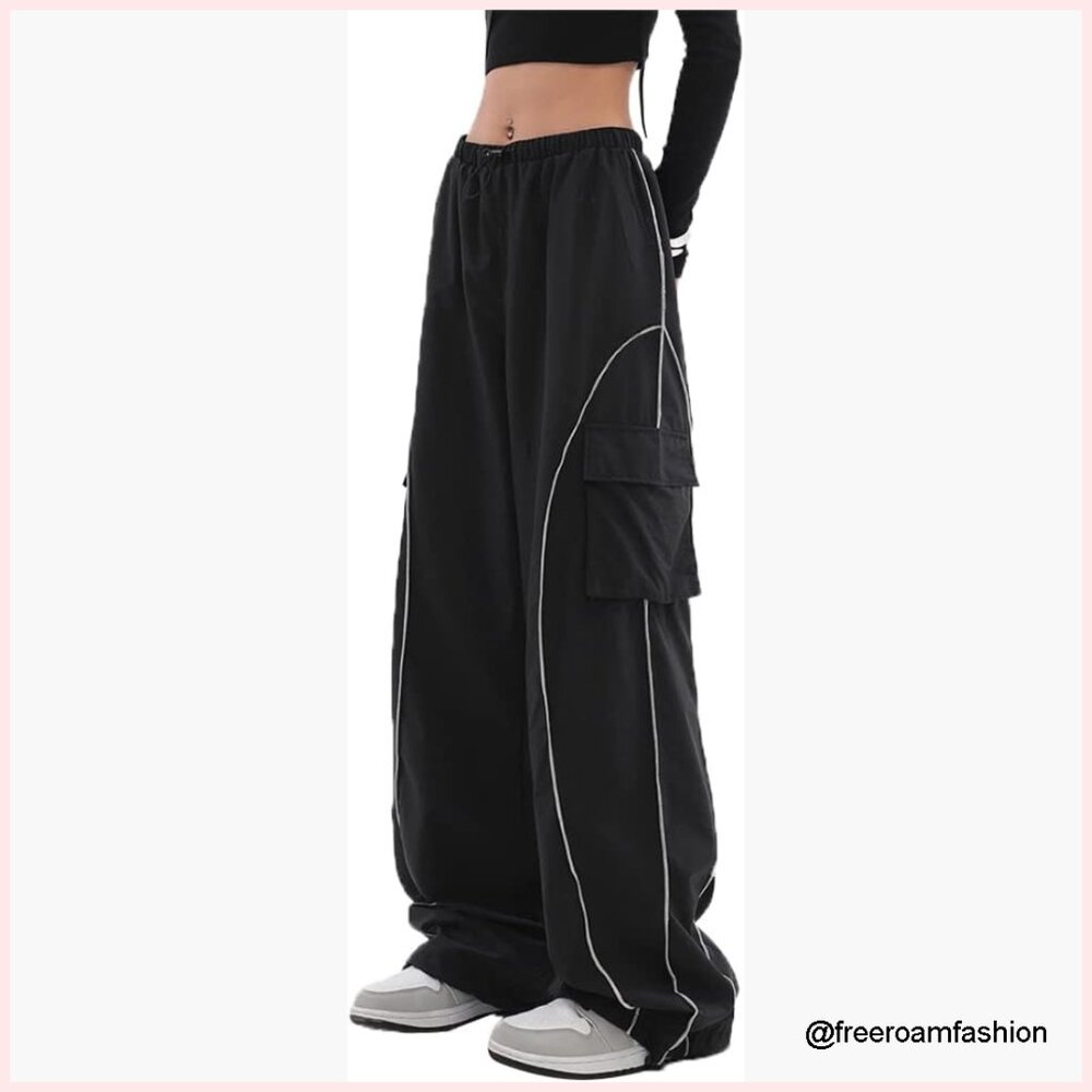 Y2k Parachute Track Pants Low Rise Baggy Wide Leg Cargo Pants